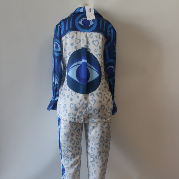 NWT Womens Bululu Magical Blue, White Print Satin Pants L Set - Picture 6 of 10